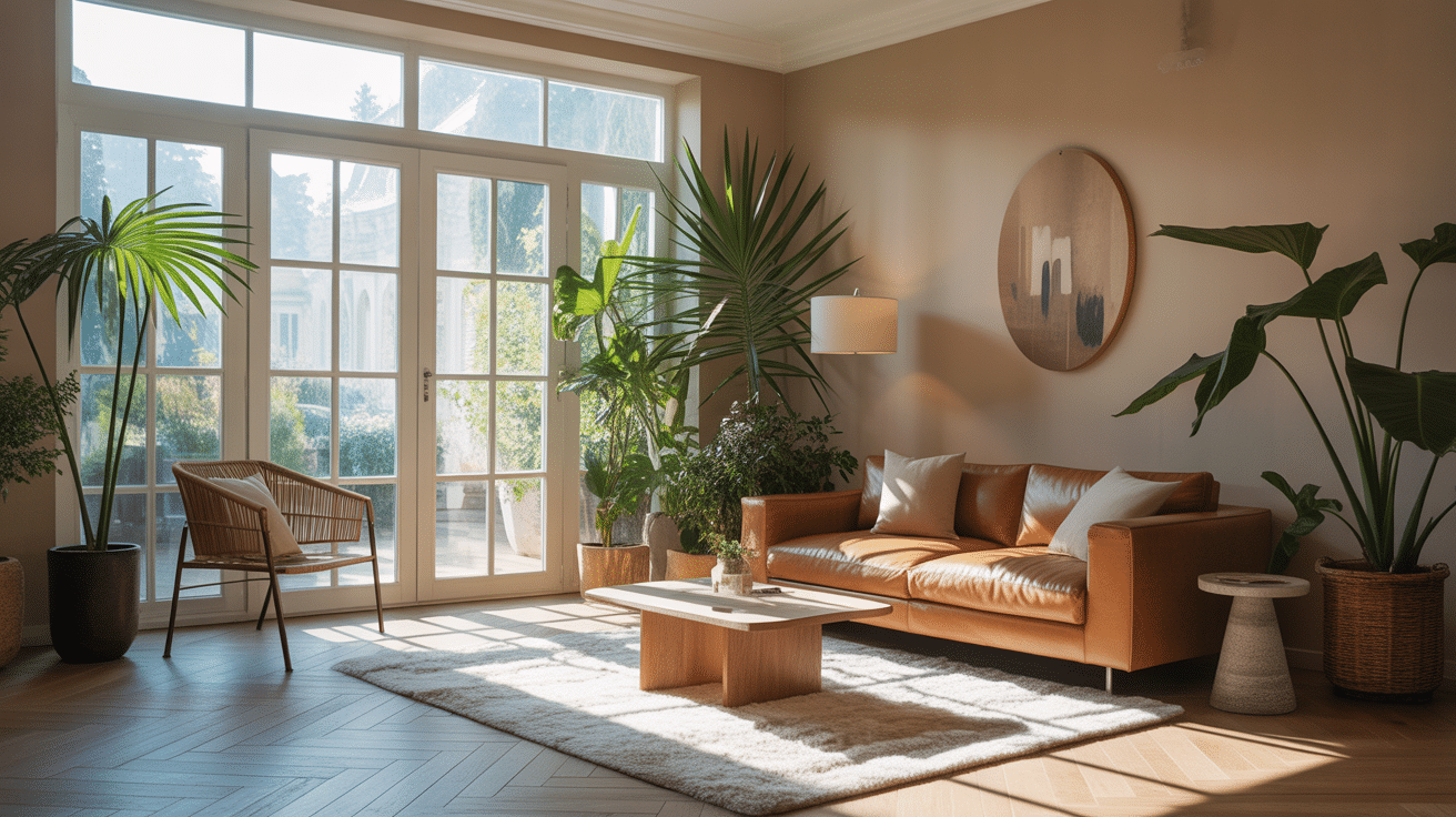 Salon moderne en sunlight house baigné de lumière naturelle