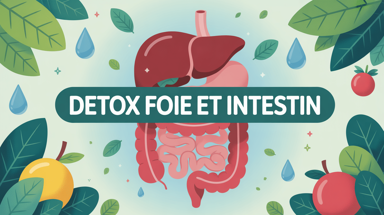 Illustration stylisée detox foie et intestin avec éléments naturels