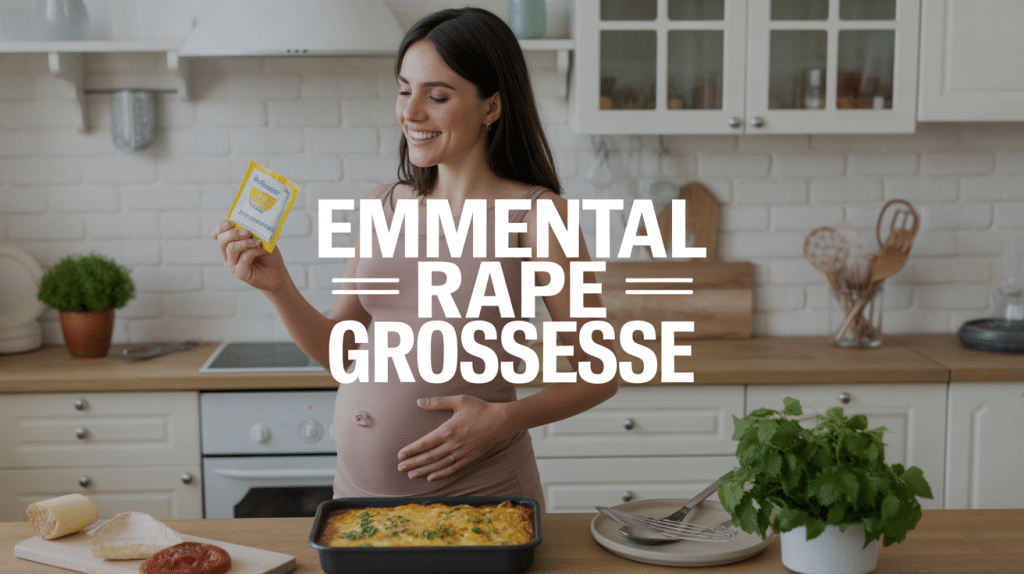 Femme enceinte tenant emmental rapé en cuisine