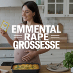 Femme enceinte tenant emmental rapé en cuisine