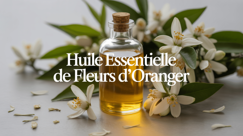 flacon huile essentielle de fleurs d'oranger entouré de fleurs blanches