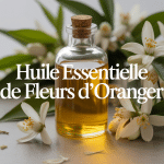 flacon huile essentielle de fleurs d'oranger entouré de fleurs blanches