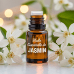Flacon huile essentielle jasmin entouré de fleurs