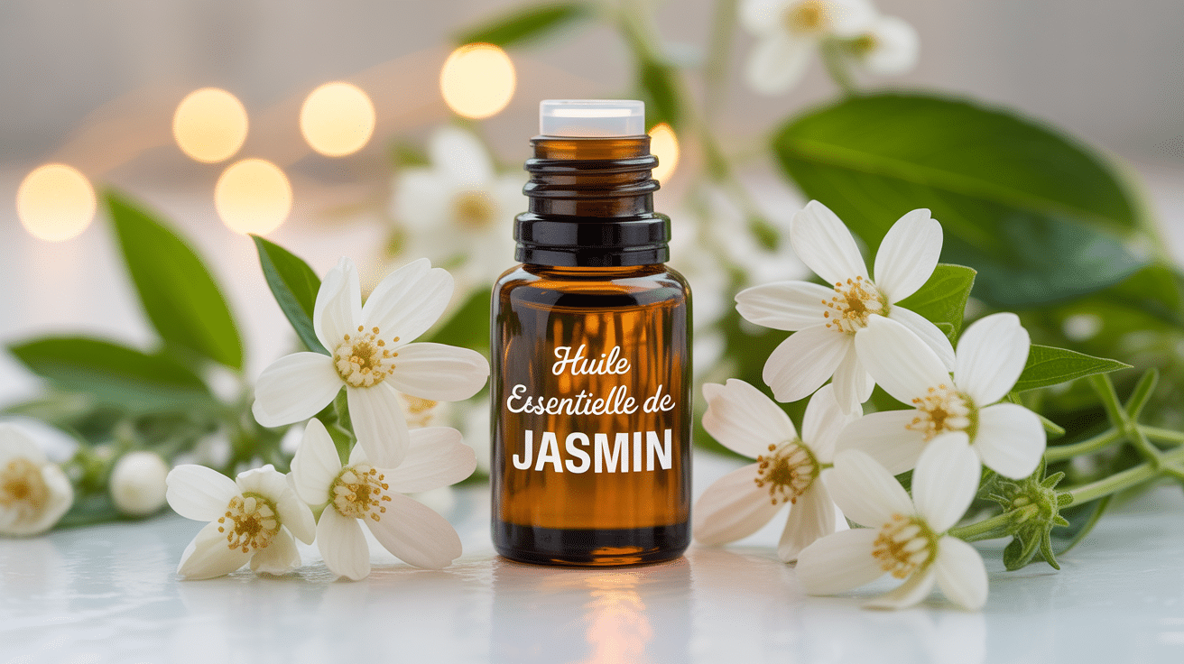 Flacon huile essentielle jasmin entouré de fleurs