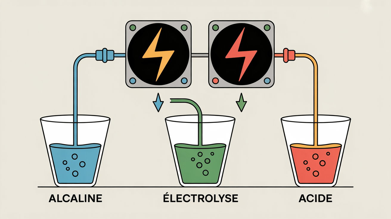Schéma électrolyse ioniseur d'eau verres pH
