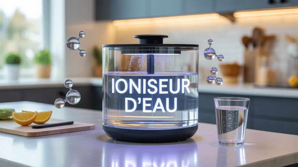 Ioniseur d'eau verre molécules sur plan cuisine