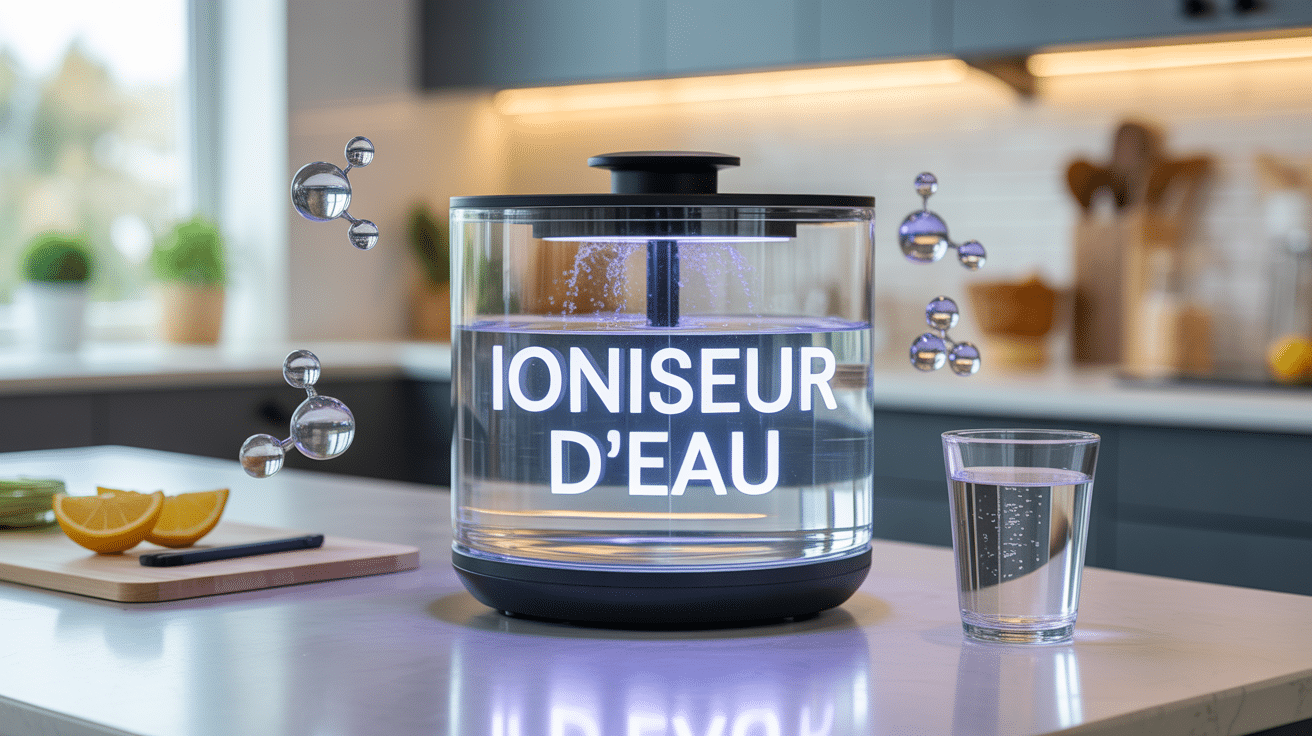 Ioniseur d'eau verre molécules sur plan cuisine