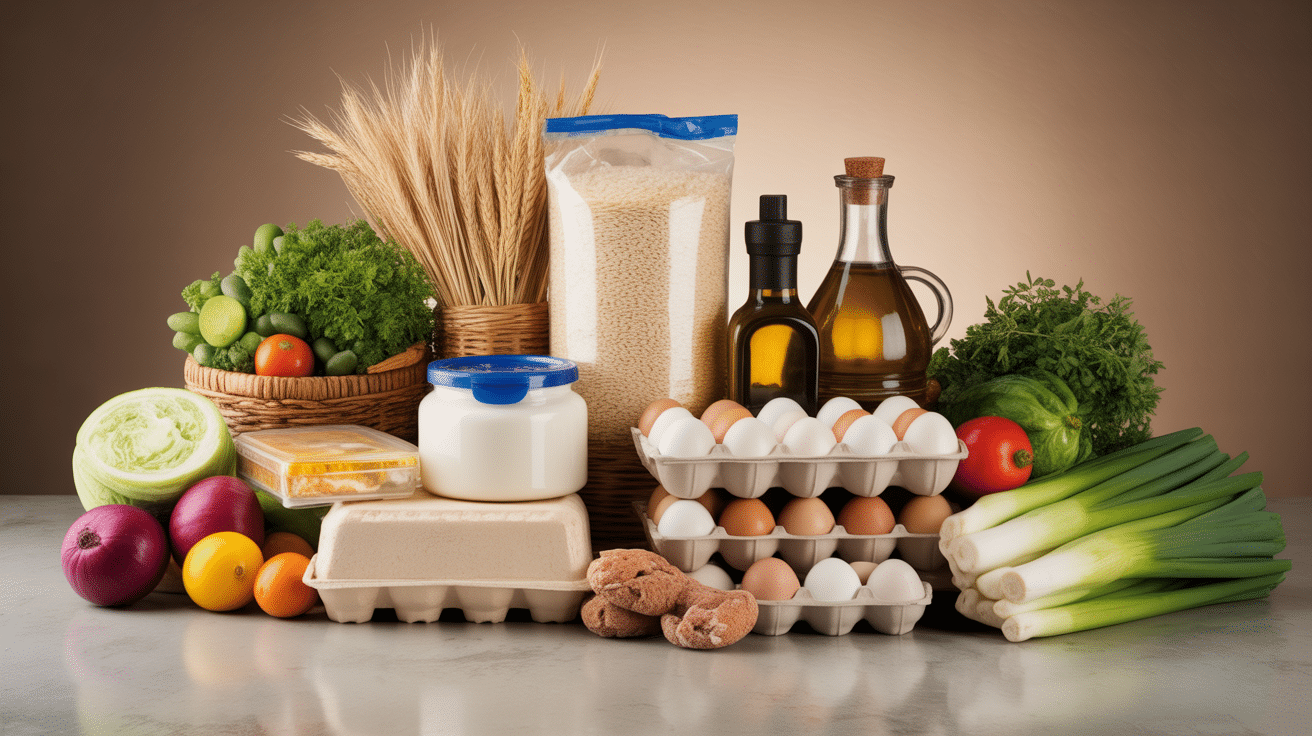 liste de courses type pour 1 mois avec produits essentiels exposés