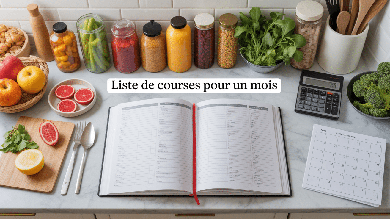 liste de courses type pour 1 mois carnet et produits sur plan de travail