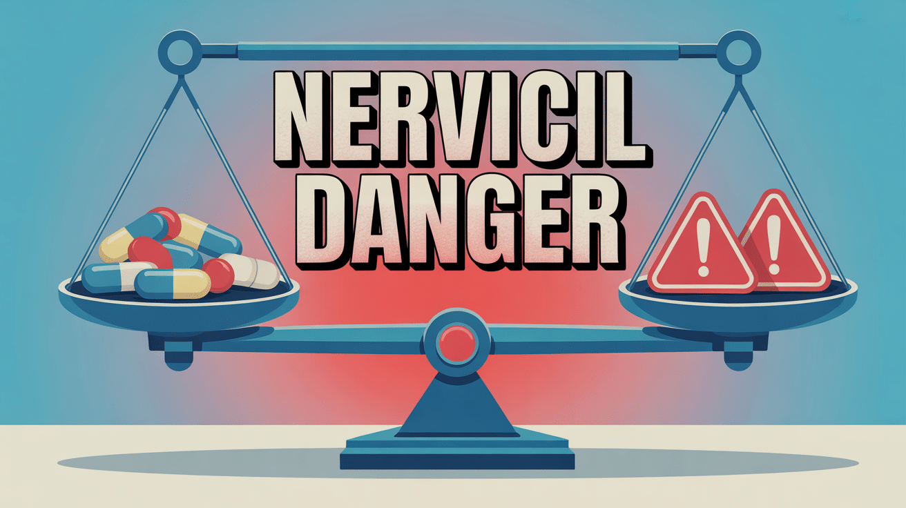 Illustration nervicil danger balance pilules et symboles d'alerte
