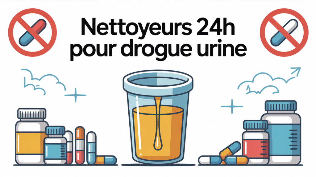 Illustration nettoyeur 24h drogue urine avec pilules et flacons