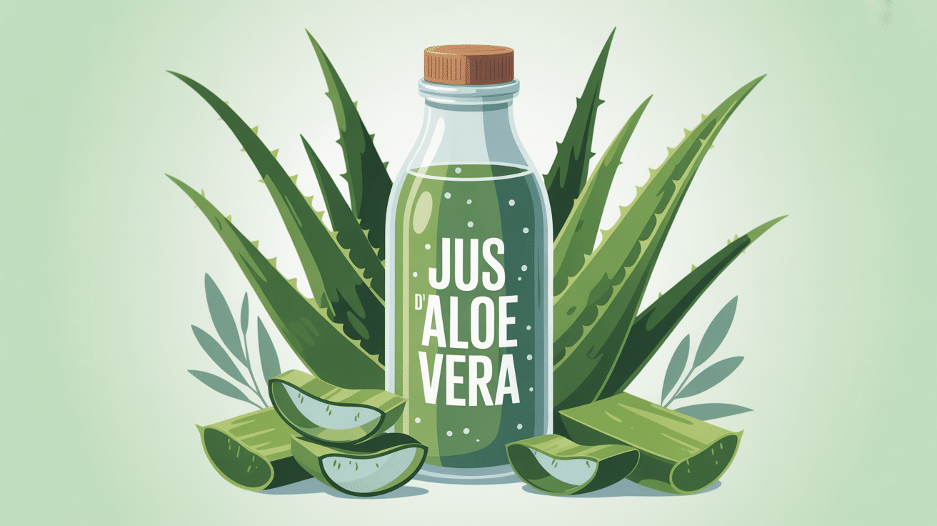 Bienfait du jus aloe vera bouteille et feuilles stylisées