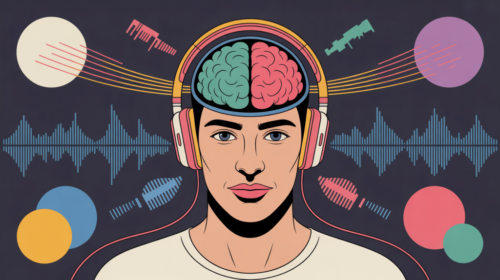 Effets des écouteurs sur le cerveau illustration moderne technologique