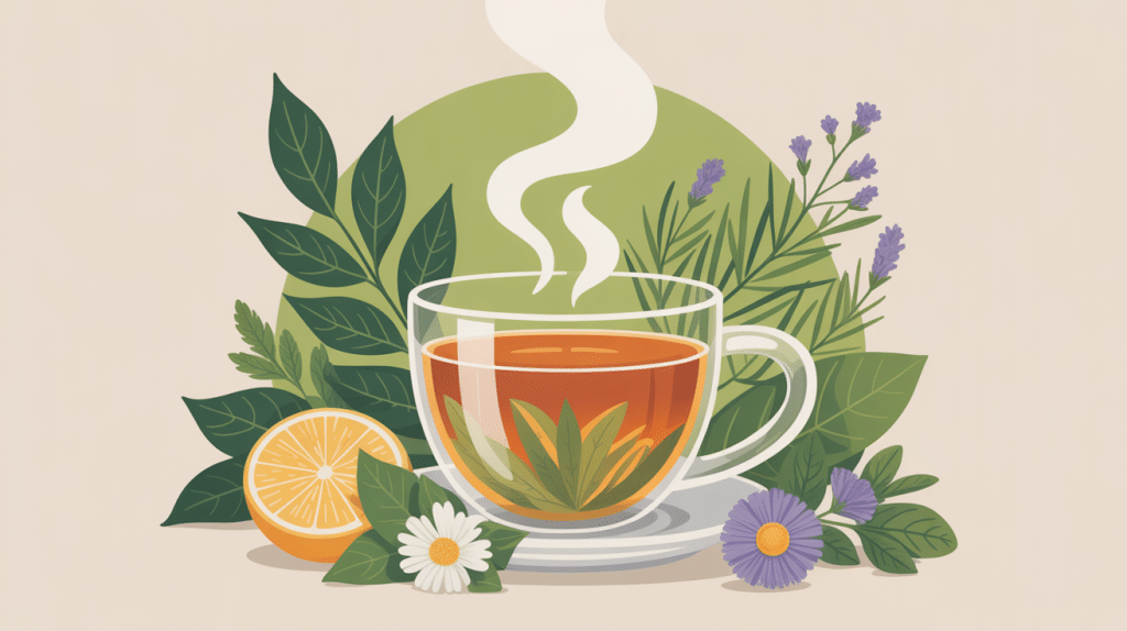 Illustration tisane amaigrissante laxative perte de poids rapide, tasse, herbes et balance