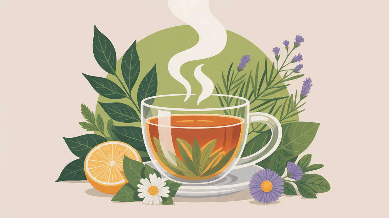 Illustration tisane amaigrissante laxative perte de poids rapide, tasse, herbes et balance