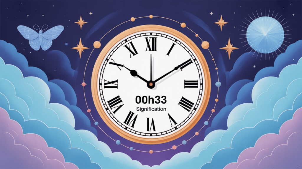 00h33 signification, illustration spirituelle douce avec cadran d'horloge