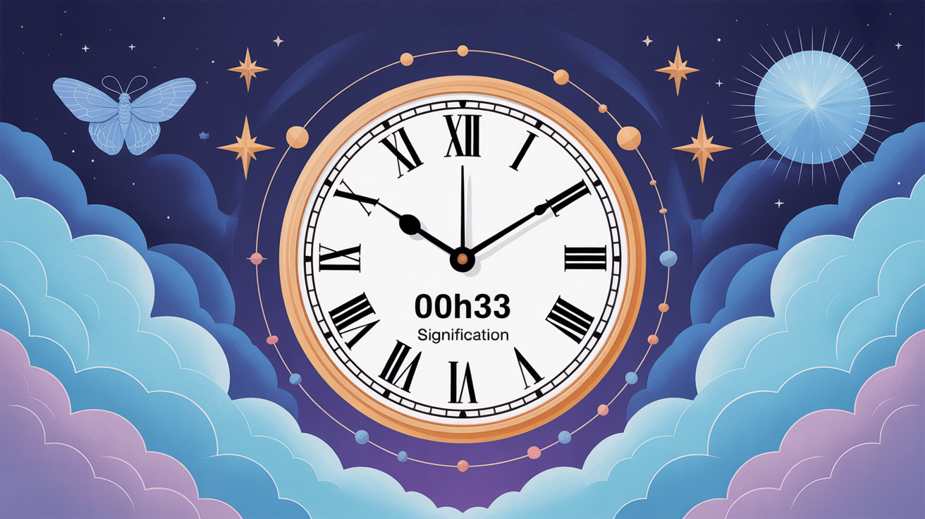 00h33 signification, illustration spirituelle douce avec cadran d'horloge