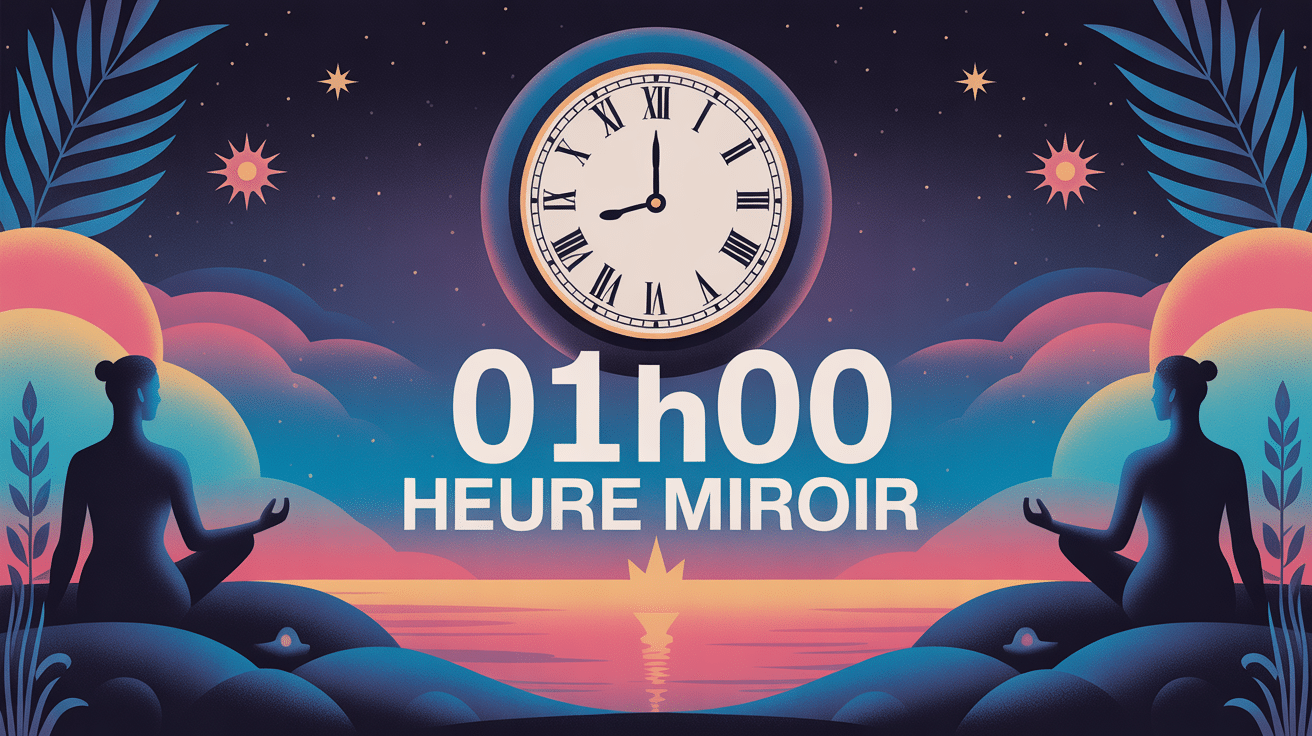 Illustration mystique 01h00 signification, horloge stylisée et ambiance spirituelle