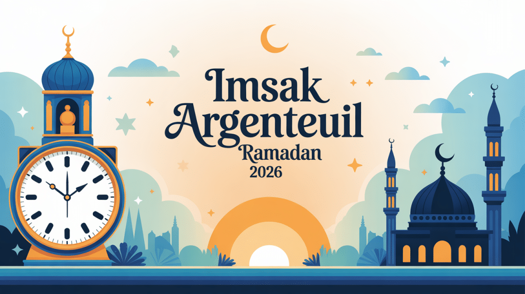 Illustration imsak argenteuil ramadan 2026 avec mosquée et horloge