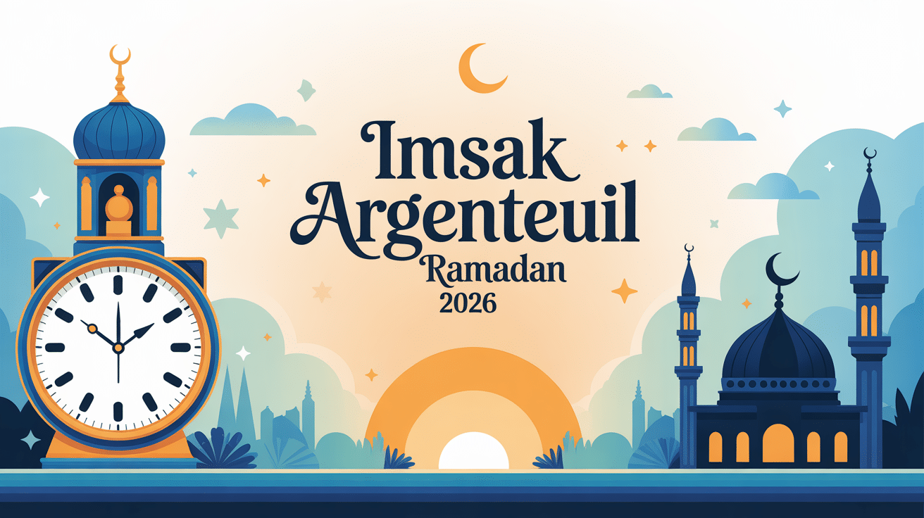 Illustration imsak argenteuil ramadan 2026 avec mosquée et horloge