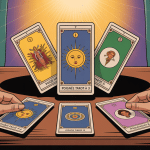 Illustration de la poignée tarot à 3 sur table, trois tas cartes, main, ambiance rituelle