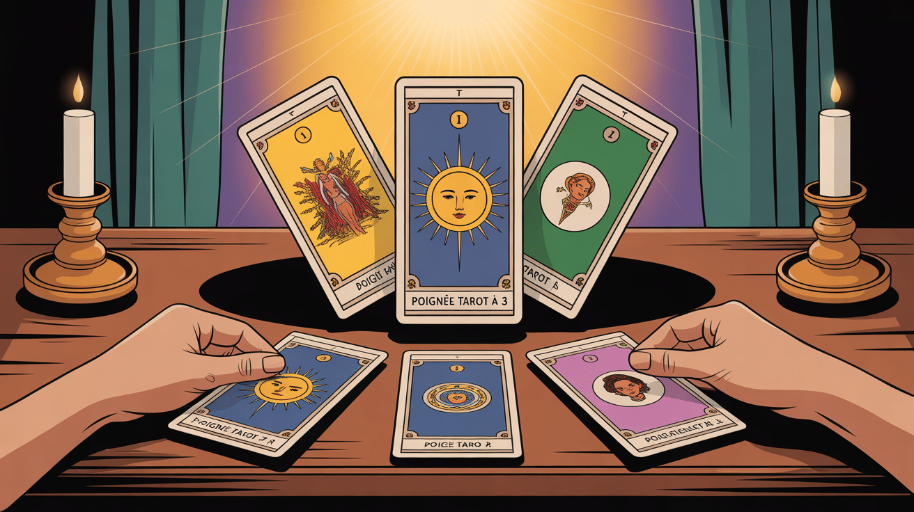 Illustration de la poignée tarot à 3 sur table, trois tas cartes, main, ambiance rituelle