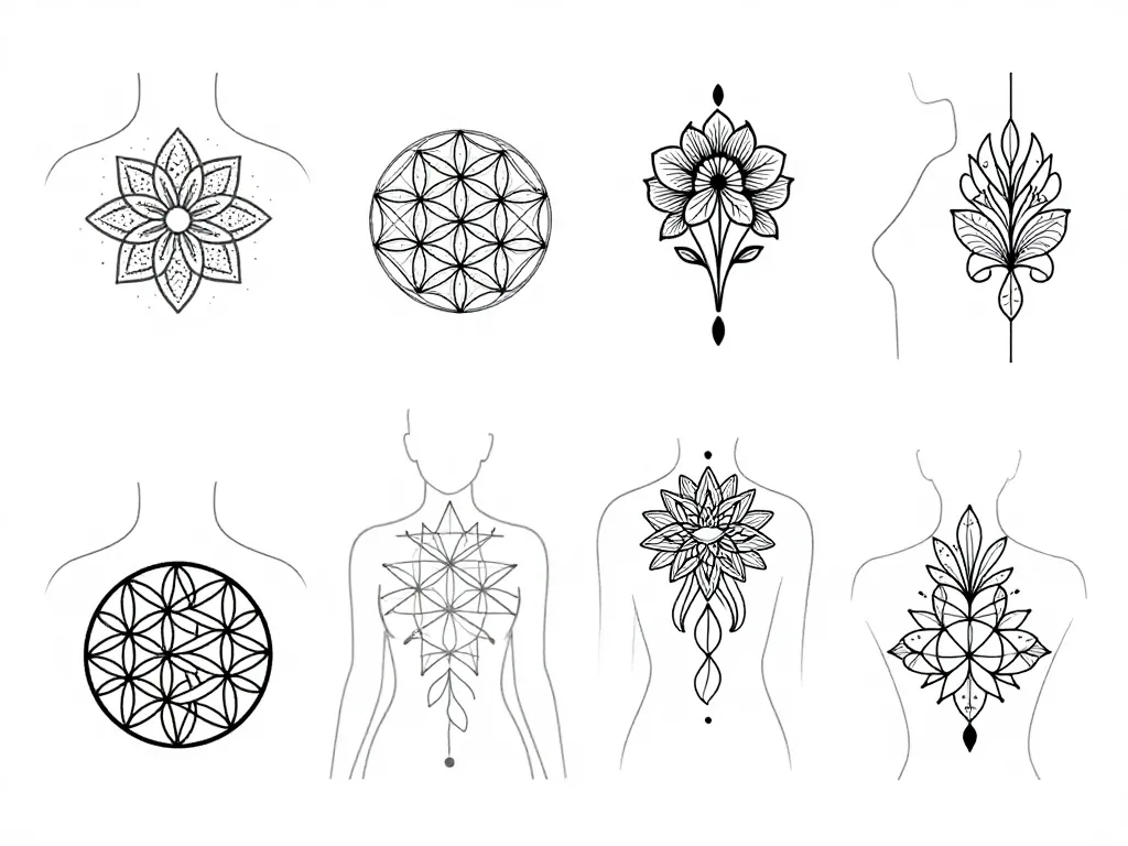 Diagramme placements et styles tatouage fleur de vie sur silhouettes