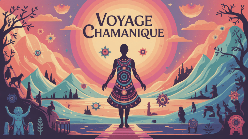 voyage chamanique silhouette motifs animaux totems tambour