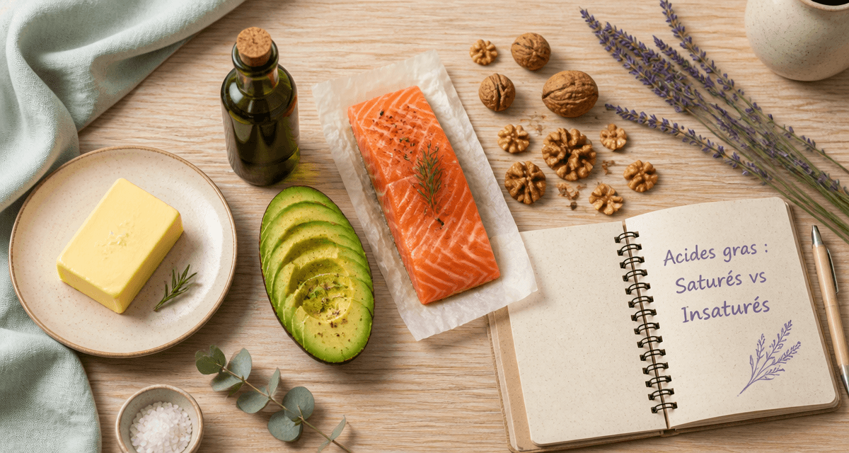acide gras sature et insature sur table avec aliments