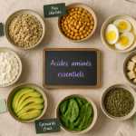 aliments et acides amines essentiels en bols sur table