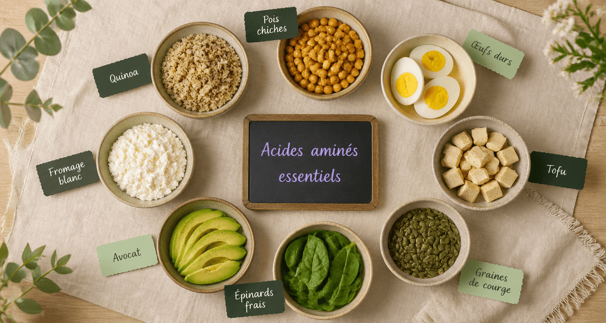 aliments et acides amines essentiels en bols sur table