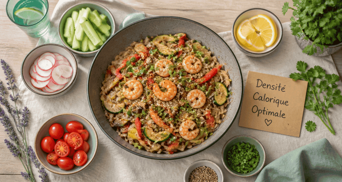 plat d'aliments faibles en calories avec konjac, légumes et crevettes