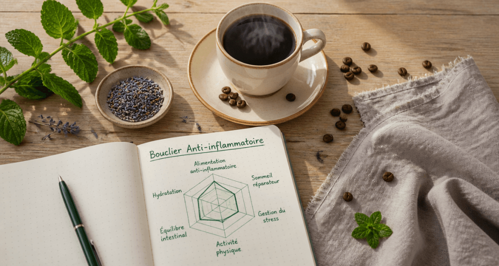 Café et inflammation, tasse sur table bois, graphique santé