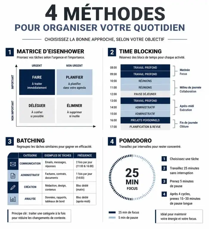 Infographie des méthodes d'organisation quotidienne pour optimiser son temps