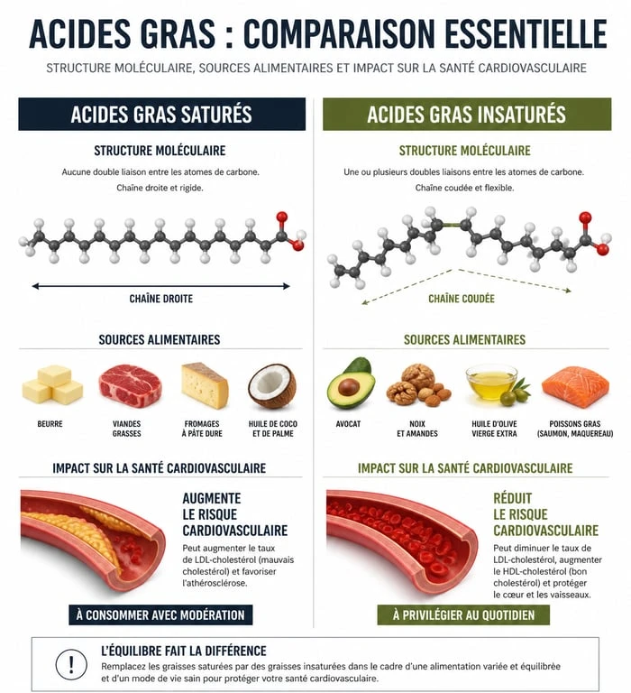 Infographie comparative des acides gras saturés et insaturés pour comprendre leurs effets sur la santé