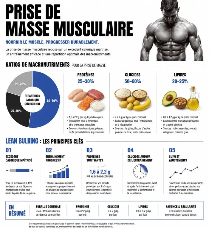 Infographie sur les principes de la prise de masse musculaire et répartition des macronutriments