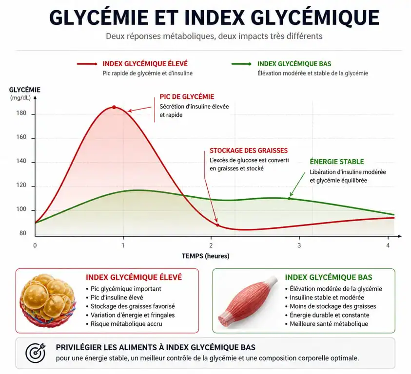 Infographie comparant la réponse glycémique des aliments à index glycémique élevé et bas