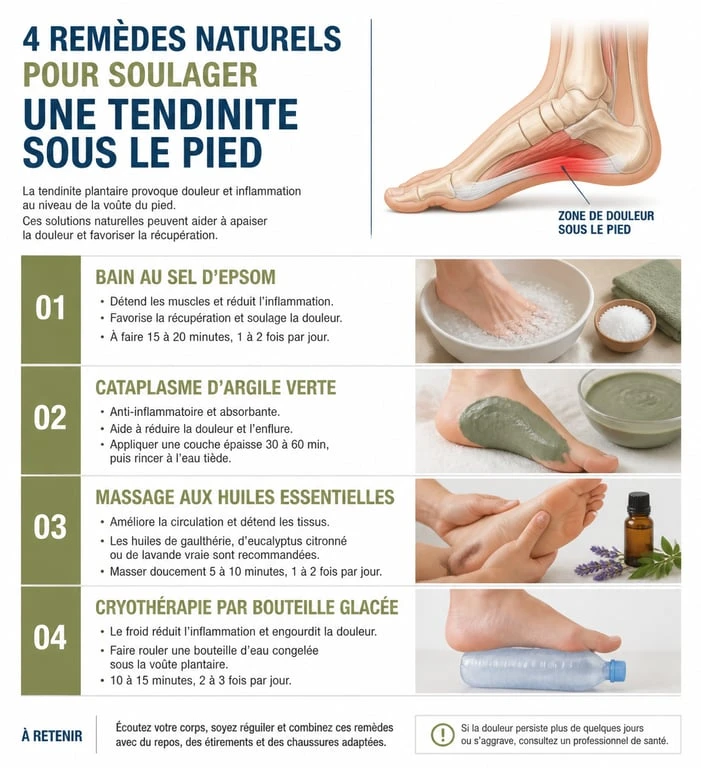 Infographie des remèdes naturels pour soulager une tendinite sous le pied