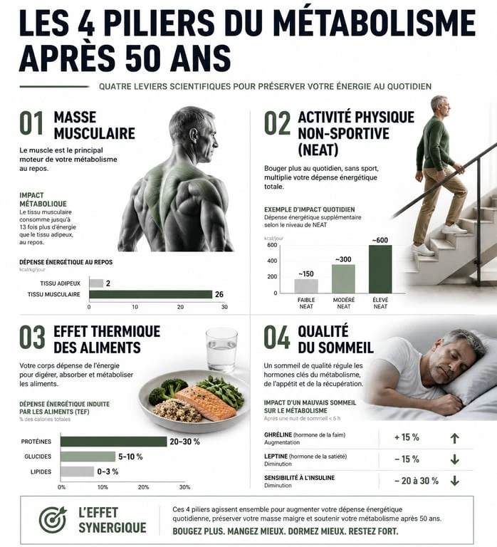 Infographie sur les facteurs clés pour augmenter son métabolisme après 50 ans