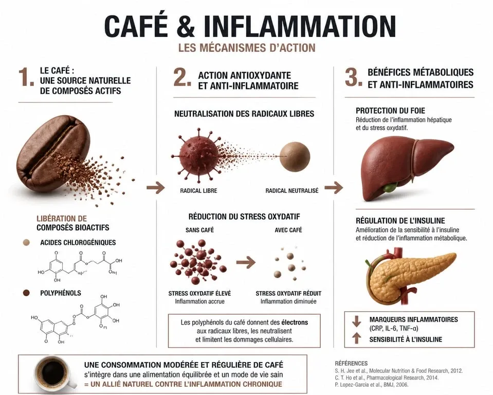 Infographie sur les bienfaits anti-inflammatoires du café et son action sur la santé métabolique