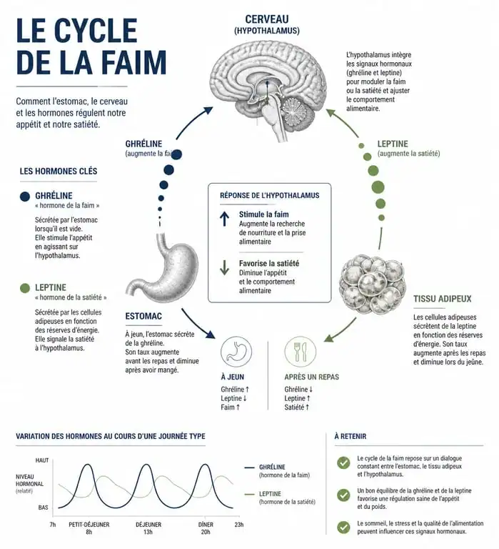 Schéma explicatif des mécanismes hormonaux de la faim et de la satiété