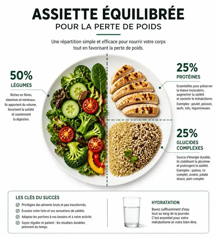 Infographie assiette équilibrée pour plan alimentaire perte de poids