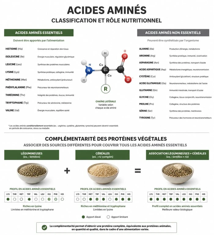 Infographie sur les acides aminés essentiels et les sources alimentaires pour une alimentation équilibrée