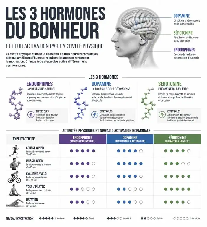 Infographie sur les hormones du bonheur et le sport : endorphines, dopamine et sérotonine