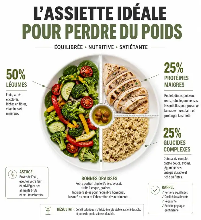 Infographie de l'assiette équilibrée pour perdre du poids sainement