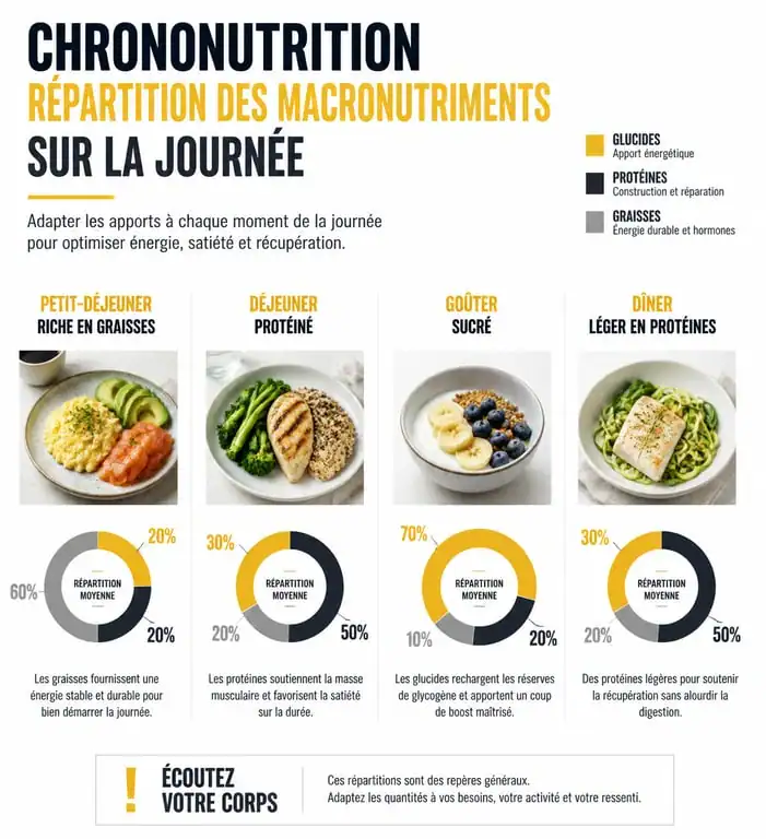 Infographie explicative de la méthode de chrononutrition et répartition des repas pour un avis sur la chrononutrition