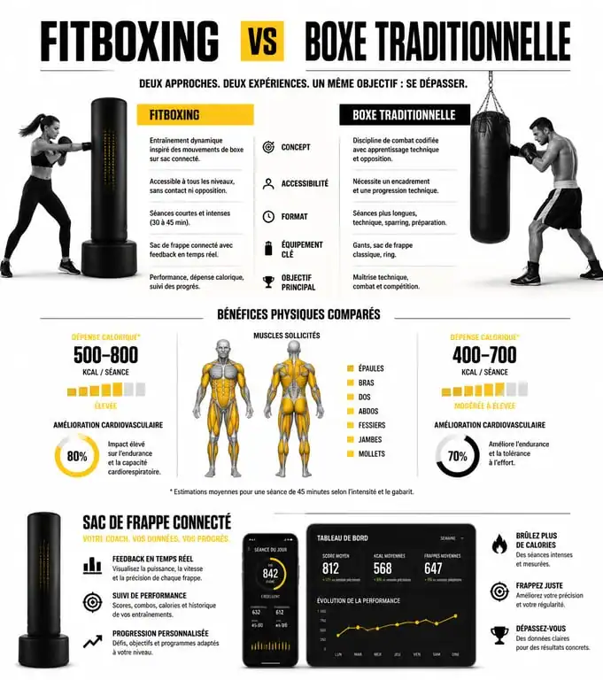 Infographie comparative entre le fitboxing et la boxe traditionnelle pour comprendre les bénéfices de cette discipline sportive.