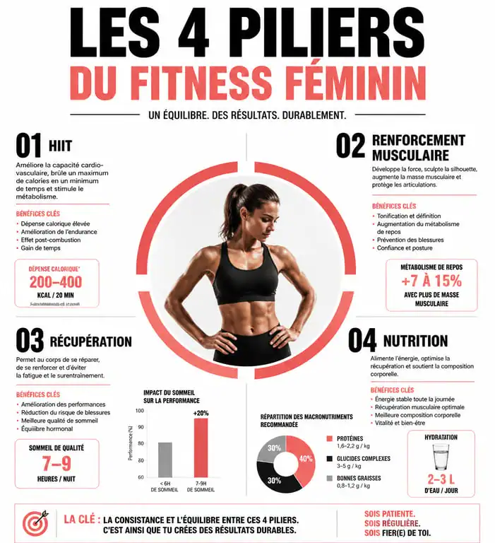 Infographie des 4 piliers du fitness pour femmes : HIIT, renforcement musculaire, récupération et nutrition
