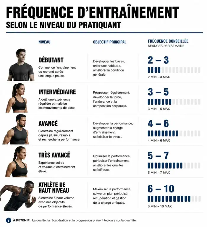 Infographie comparant la fréquence d'entraînement en musculation selon le niveau du pratiquant