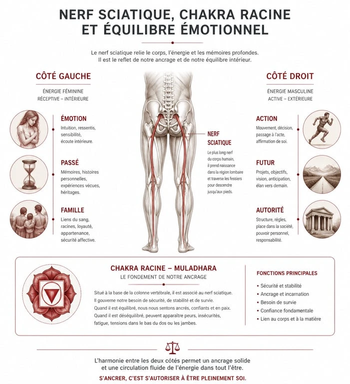 Infographie sur la signification spirituelle de la sciatique et les chakras